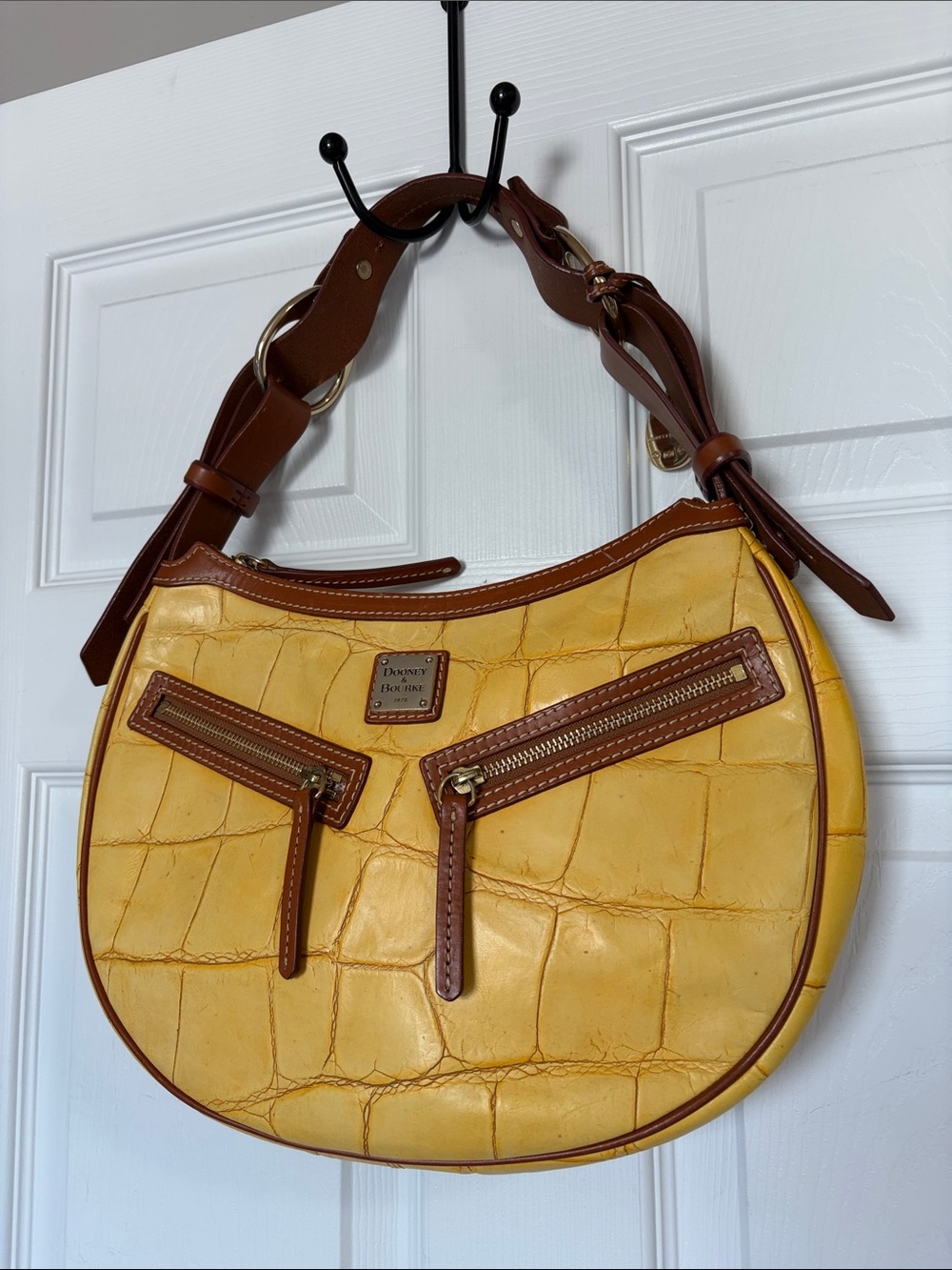 Dooney & Bourke Yellow Croc-Embossed Leather Shoulder Bag with Brown Trim